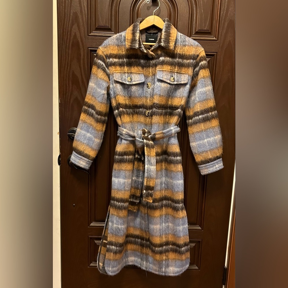 Express Wool-Blend Long Plaid Shacket-Size Small NWT💙 - Picture 2 of 6